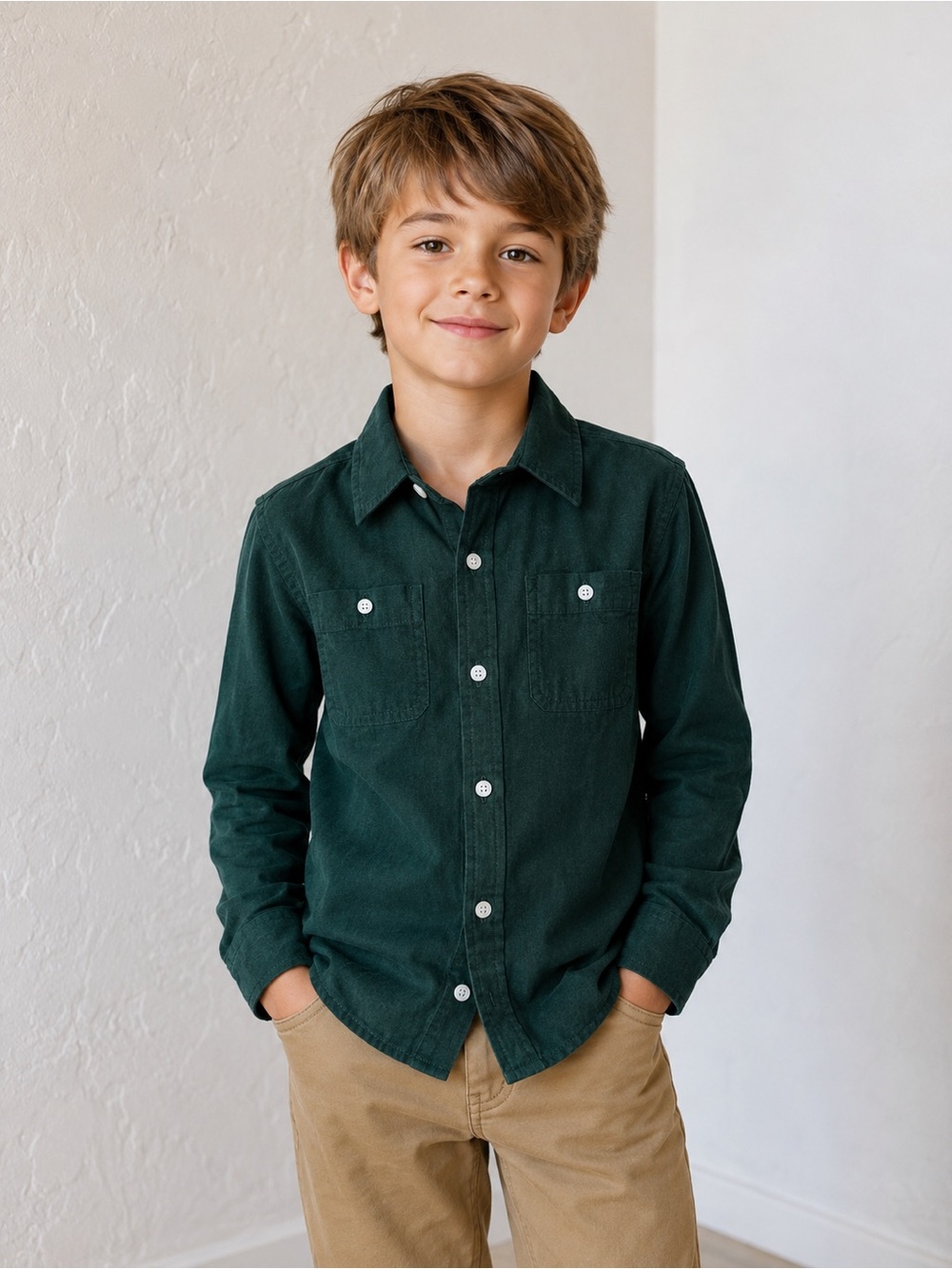Janie and Jack Boys Green Button Front Shirt Size 8 100% Cotton Long Sleeve